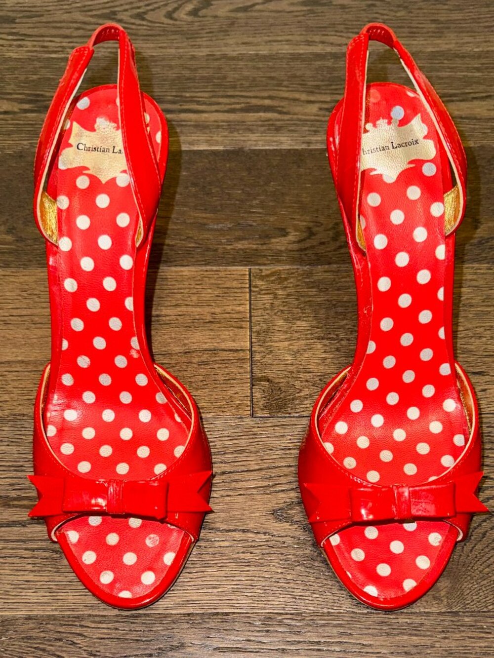 Christian Lacroix Patent Red Leather Bow Accents Slingback Heels